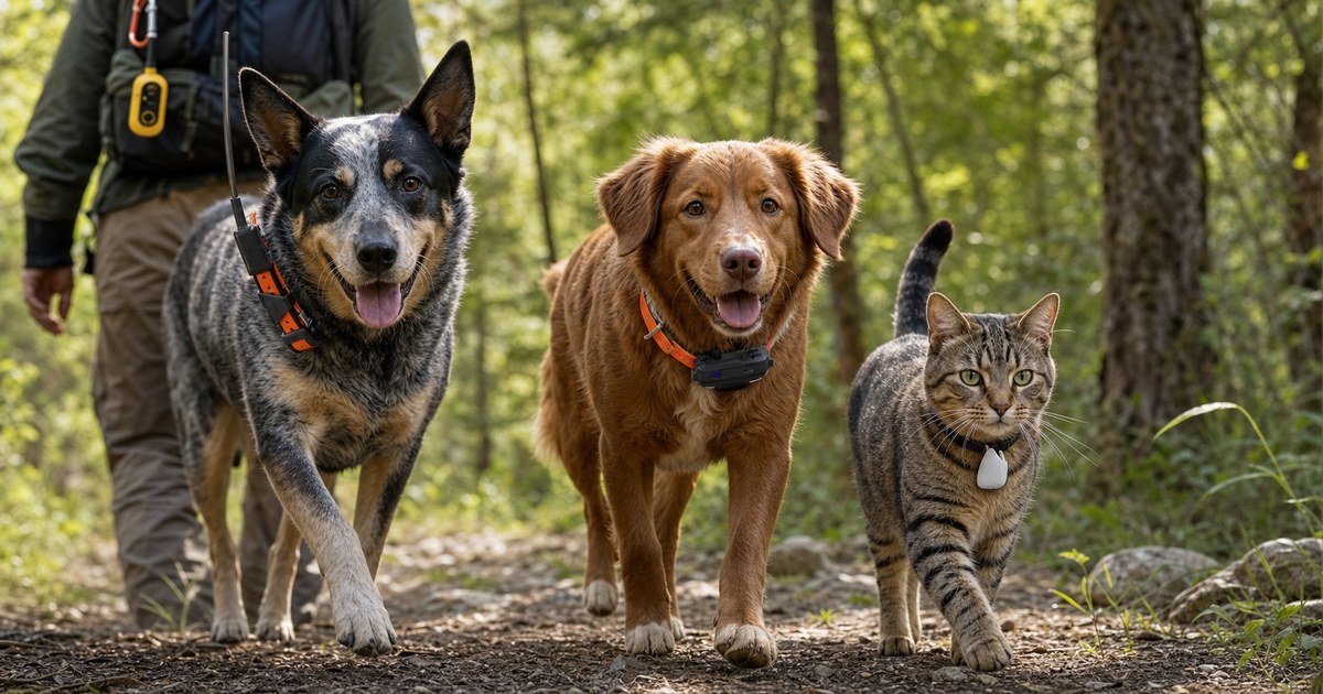 Real-world pet tech scene for Best GPS Trackers for Dogs and Cats: LTE Tags, Long-Battery Collars, and No-Subscription Field Systems — AI-generated illustration