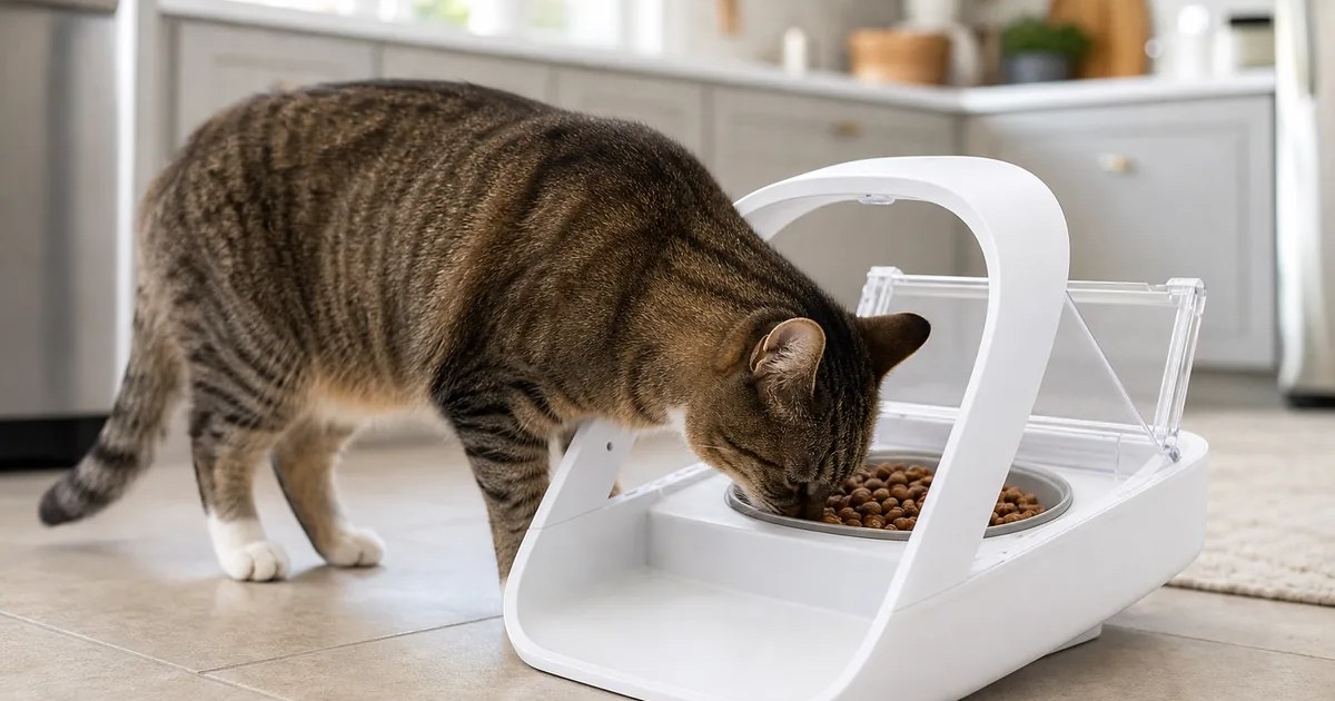 SureFeed Microchip Pet Feeder in use — AI-generated illustration