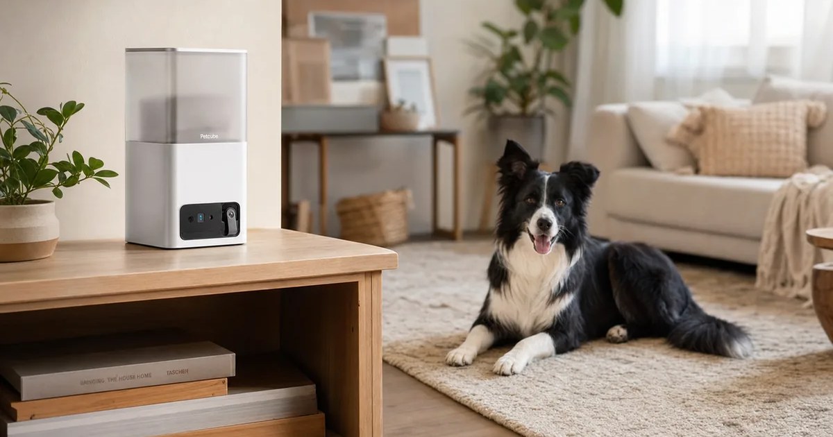 Petcube Bites 2 Lite Pet Camera with Treat Dispenser in use — AI-generated illustration