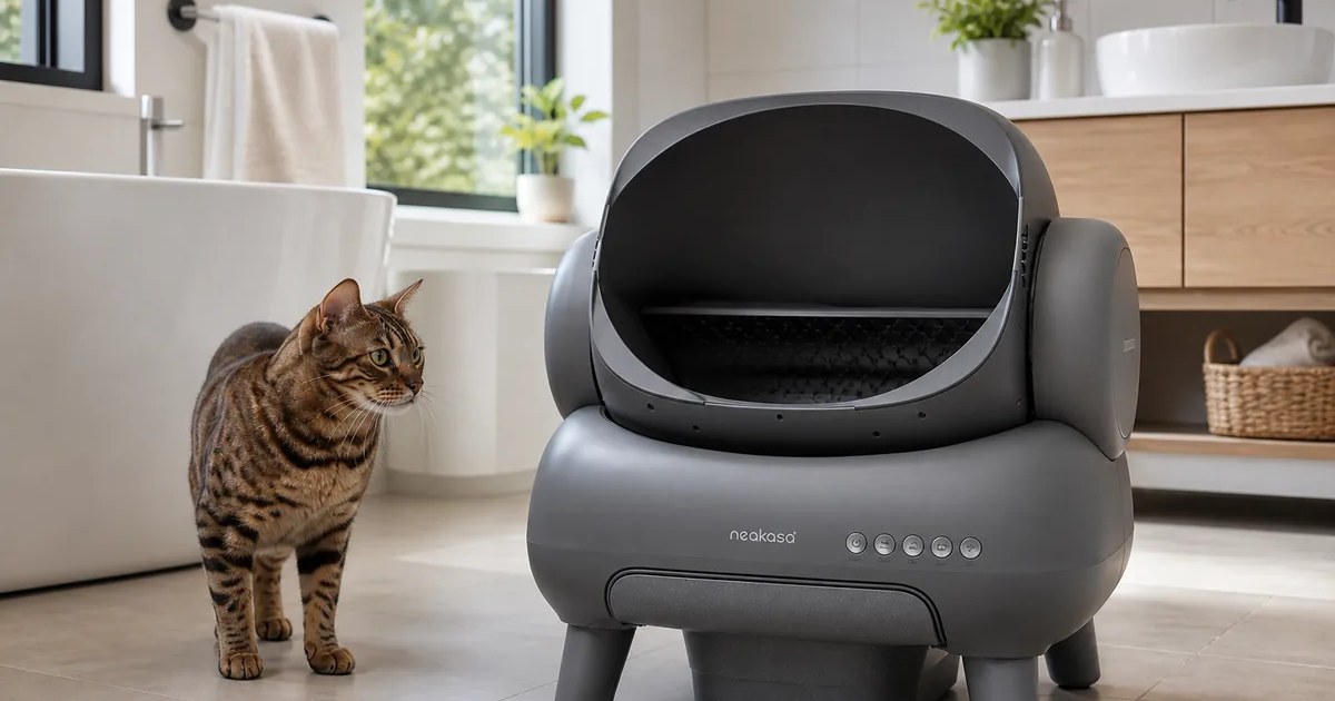 Neakasa M1 Plus Open-Top Self-Cleaning Cat Litter Box in use — AI-generated illustration