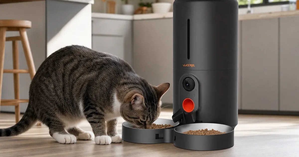 WOPET Automatic Cat Feeder with Camera in use — AI-generated illustration