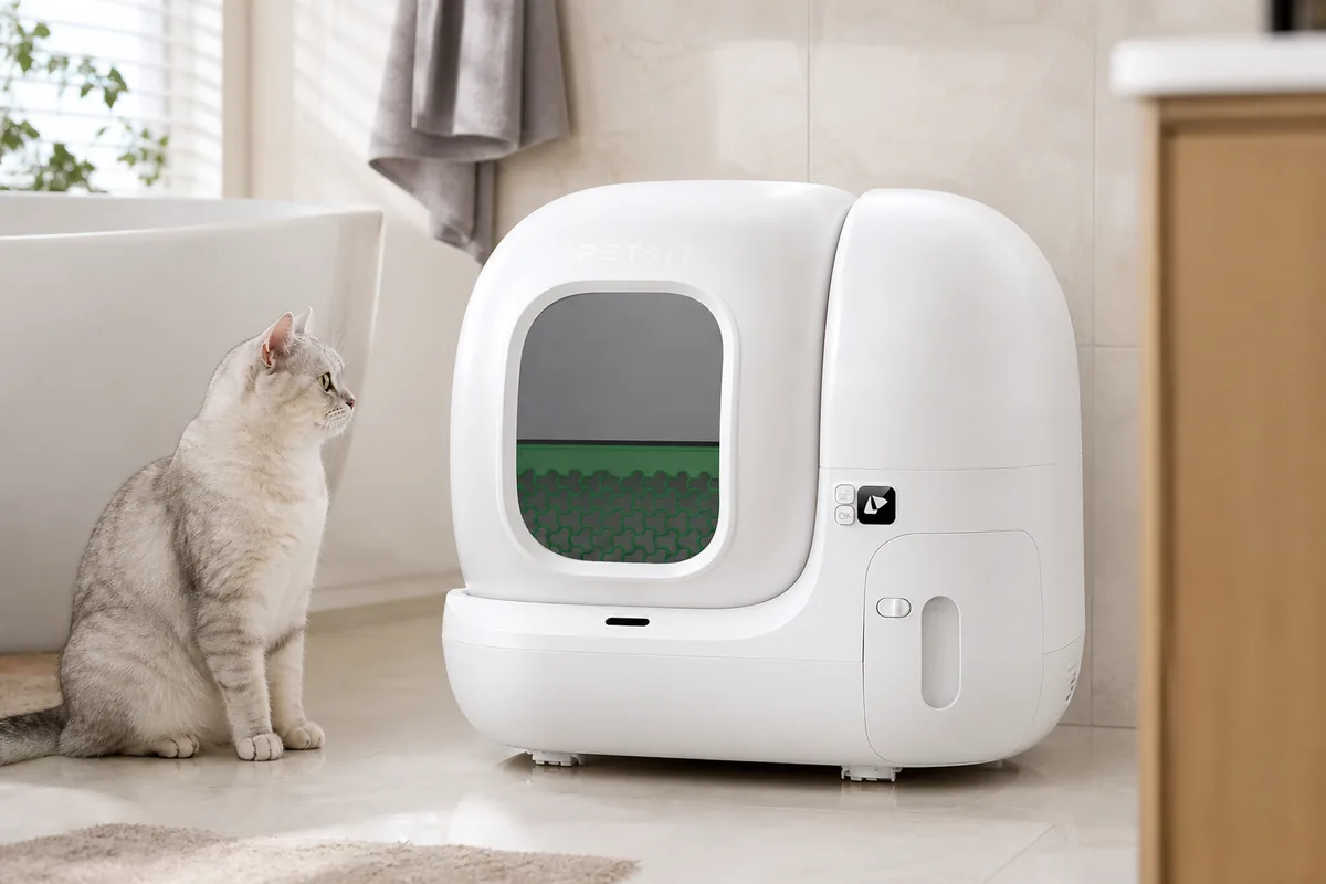 PETKIT PuraMax 2 Automatic Self-Cleaning Cat Litter Box in use — AI-generated illustration
