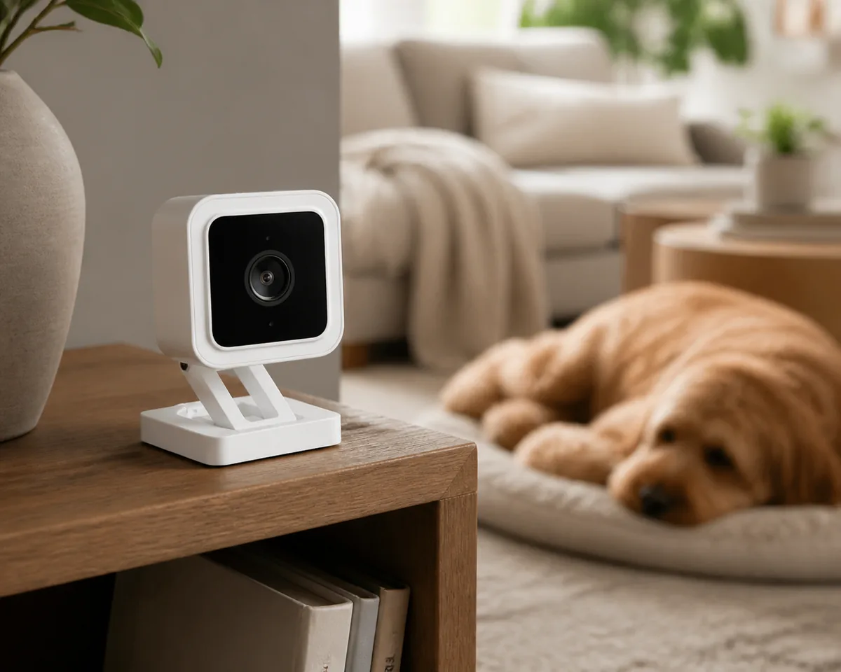 Wyze Cam v3 Indoor/Outdoor Pet Camera in use — AI-generated illustration