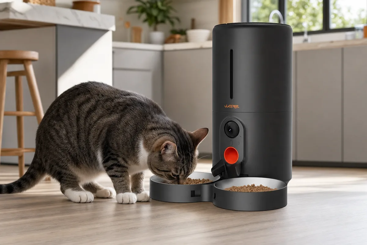 WOPET Automatic Cat Feeder with Camera in use — AI-generated illustration